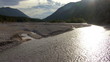 Aerial flight close above mountain river "Isar"