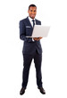 Photo: African American business man with laptop, isolated on white African American business man with laptop, isolated on white