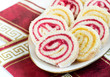 Strawberry and lemon jam swiss roll, closeup