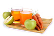 Glasses of juice, apples and carrots, isolated on white