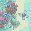 Vintage invitation card with fantasy flowers and butterflies