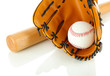 Baseball glove, bat and ball isolated on white