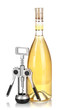 Corkscrew and bottle of wine isolated on white