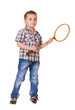 Boy with badminton racket on white
