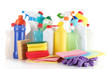 Different kinds of house cleaners and colorful sponges, gloves
