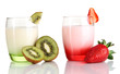 Delicious yogurts with fruits in glasses isolated on white