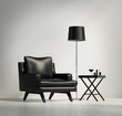 Luxury contemporary black leather armchair with stool and lamp