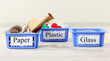 Three baskets of assorted debris on room background