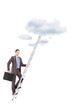 Full length portrait of a businessman climbing a ladder towards