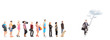 Full length portraits of people waiting in a line and a business