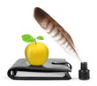 Photo: Feather in ink bottle and workbook with an apple Feather in ink bottle and workbook with an apple