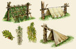 Illustration of survival shelters in the woods