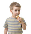Photo: kid boy eating ice cream isolated on white studio shot kid boy eating ice cream isolated on white studio shot