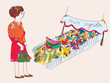 Vector: Woman at the fruit and vegetables market cartoon Woman at the fruit and vegetables market cartoon