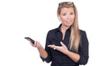 Confused woman pointing to her mobile