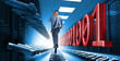Illustration: Businessman racing through data center Businessman racing through data center