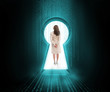 Illustration: Businesswoman standing in keyhole door Businesswoman standing in keyhole door