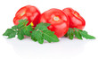 Three juicy red tomato with leaves isolated on white background