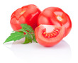 Two Juicy red tomatoes and slice with leaves Isolated on white b