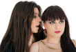Two young girlfriends sharing their secrets, studio shot