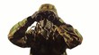 Soldier with binoculars on white background.