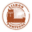 Stamp with Belem Tower and the words Lisbon, Portugal inside