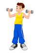 Cartoon illustration of a boy exercising using dumbbells