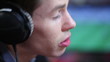 Football soccer commentator, football screen background.