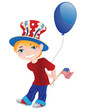 Little boy in the top hat with blue balloon and with flag.