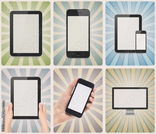 Photo: Modern devices on retro background set Modern devices on retro background set
