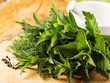 Herbs on wooden table