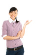 Portrait of a smiling young woman pointing up