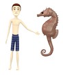 3d render of cartoon character with seahorse