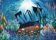 Underwater wallpaper with ship. vector illustration
