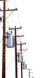 Row of power pole transformers isolated on white