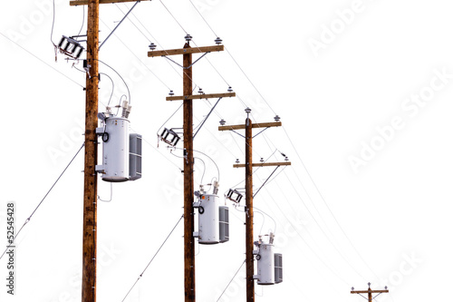 Photo: Row of power pole transformers isolated on white Row of power pole transformers isolated on white