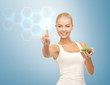 woman with salad and virtual screen