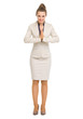 Full length portrait of business woman showing asian greeting