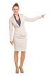Full length portrait of business woman pointing on copy space