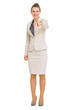 Full length portrait of happy business woman pointing in camera