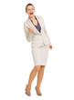 Full length portrait of business woman fist pump