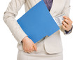 Closeup on business woman hiding pack of dollars in folder