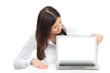 Photo: Young student woman with new modern popular laptop Young student woman with new modern popular laptop