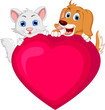 Vektor: dog and cat cartoon holding love heart dog and cat cartoon holding love heart