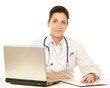 A female doctor working isolated on white background