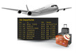 Travel background with mechanical departures board and airline.