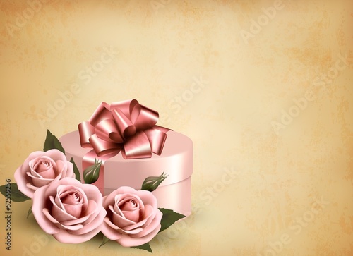 Vector: Holiday retro background with pink roses and gift box. Vector il Holiday retro background with pink roses and gift box. Vector il