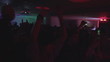 Crowd jumping dancing waving hands enjoying night club party