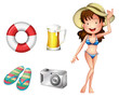 A lifebuoy, pair of slippers, mug of beer, camera and a lady