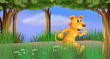 A tiger running in the forest